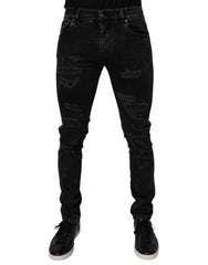 Dolce & Gabbana Black Tattered Cotton Skinny Men Denim Jeans - Jeans