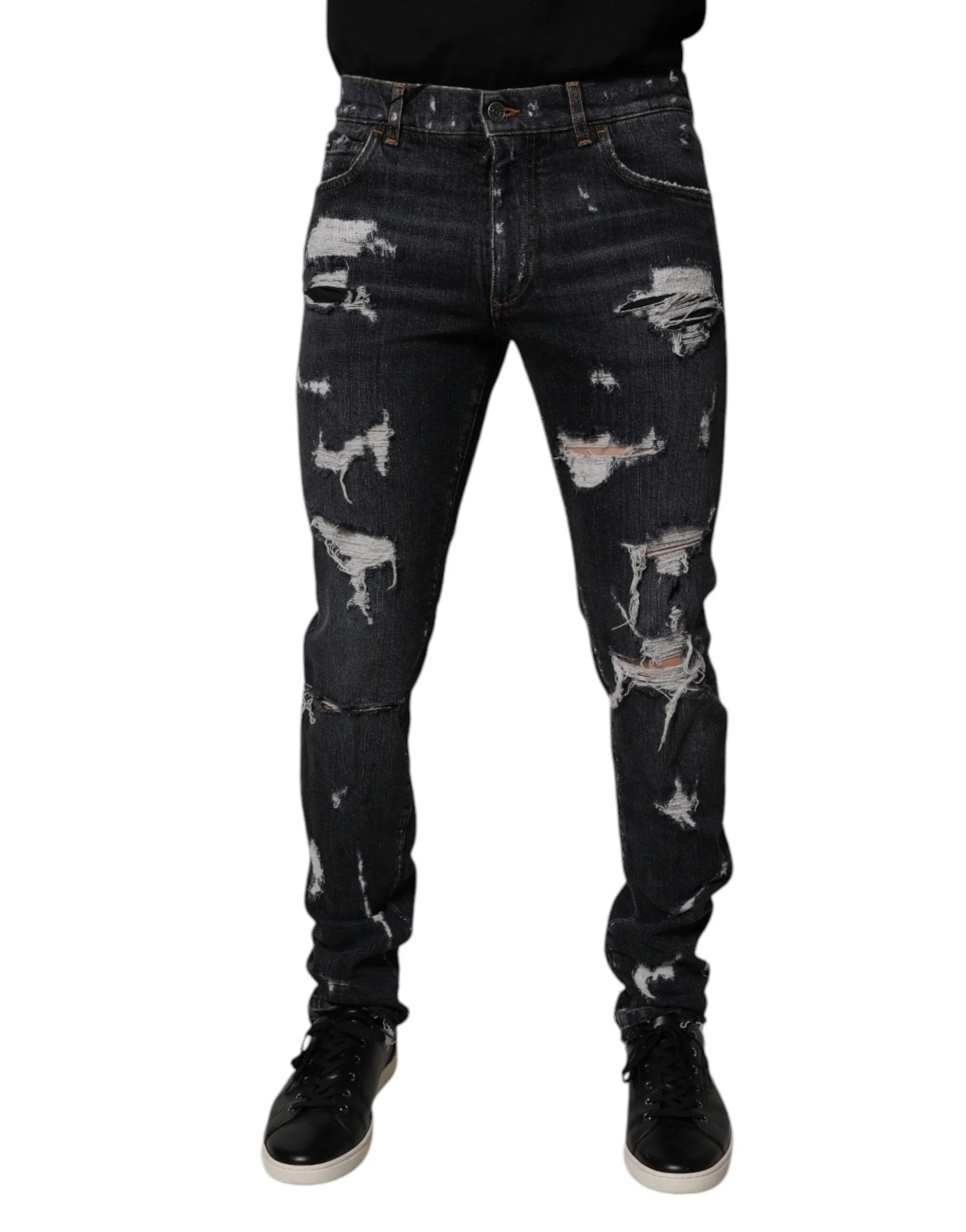Dolce & Gabbana Black Tattered Cotton Skinny Men Denim Jeans - IT48 | M - Jeans