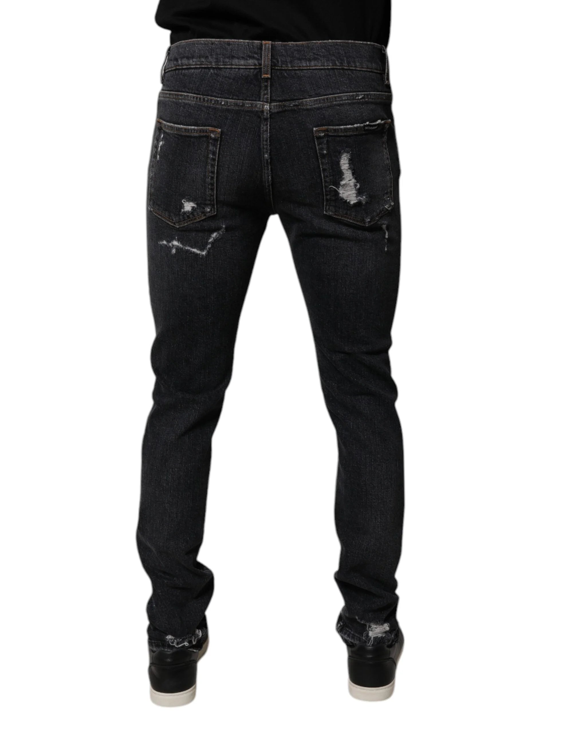 Dolce & Gabbana Black Tattered Cotton Skinny Men Denim Jeans - IT48 | M - Jeans