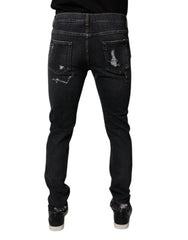 Dolce & Gabbana Black Tattered Cotton Skinny Men Denim Jeans - IT48 | M - Jeans
