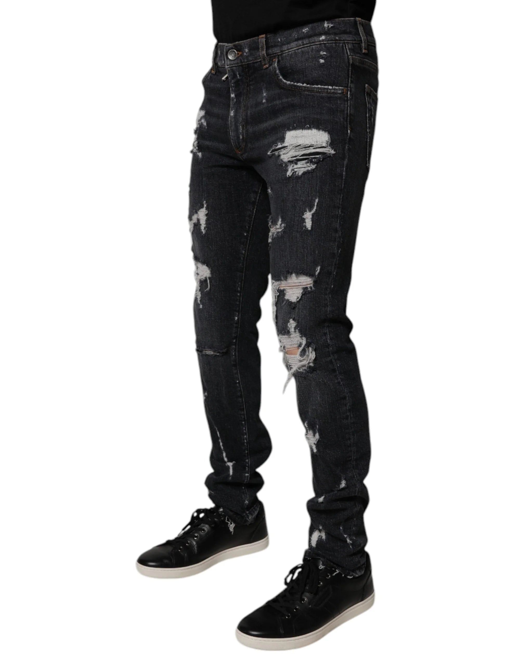 Dolce & Gabbana Black Tattered Cotton Skinny Men Denim Jeans - IT48 | M - Jeans