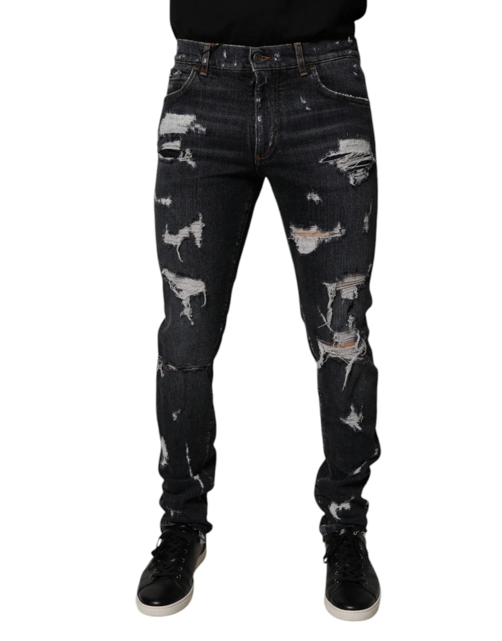 Dolce & Gabbana Black Tattered Cotton Skinny Men Denim Jeans - IT48 | M - Jeans