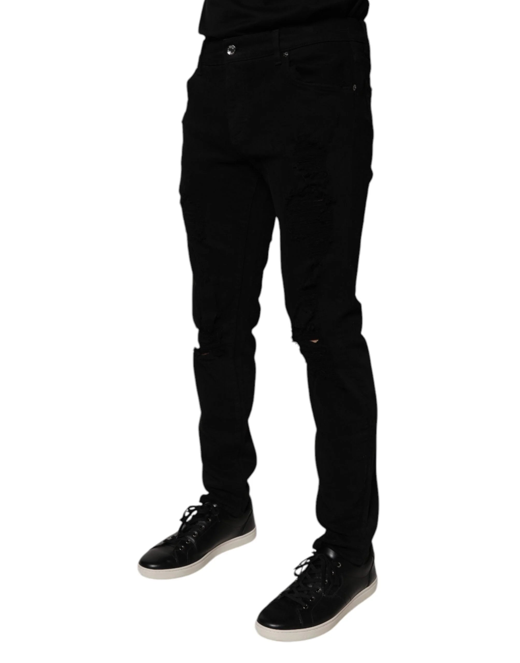 Dolce & Gabbana Black Tattered Cotton Skinny Men Denim Jeans - IT50 | L