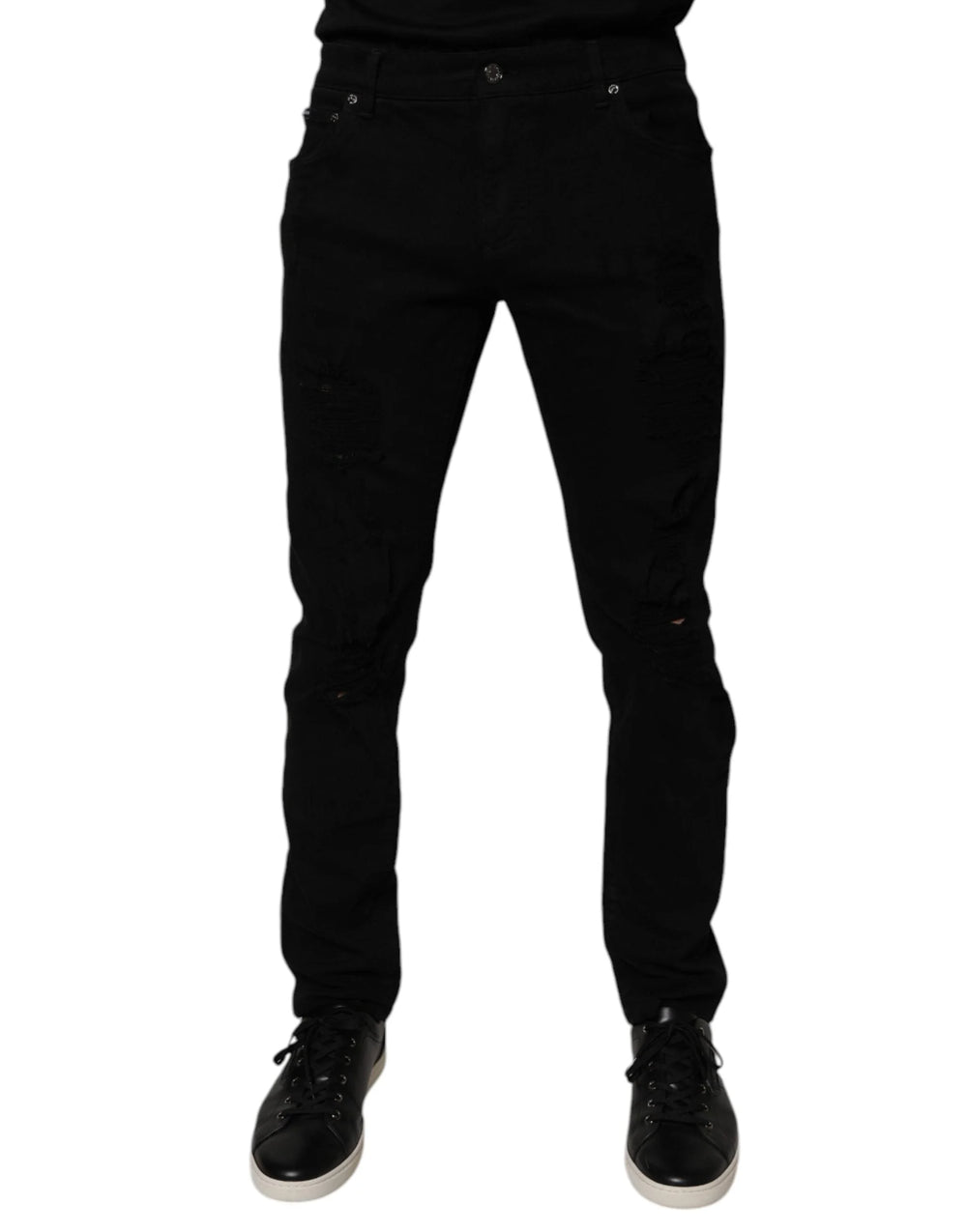 Dolce & Gabbana Black Tattered Cotton Skinny Men Denim Jeans - IT50 | L
