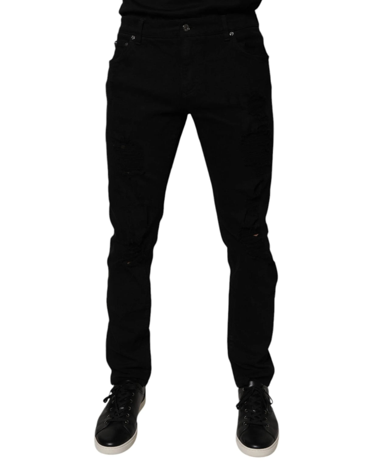 Dolce & Gabbana Black Tattered Cotton Skinny Men Denim Jeans - IT50 | L