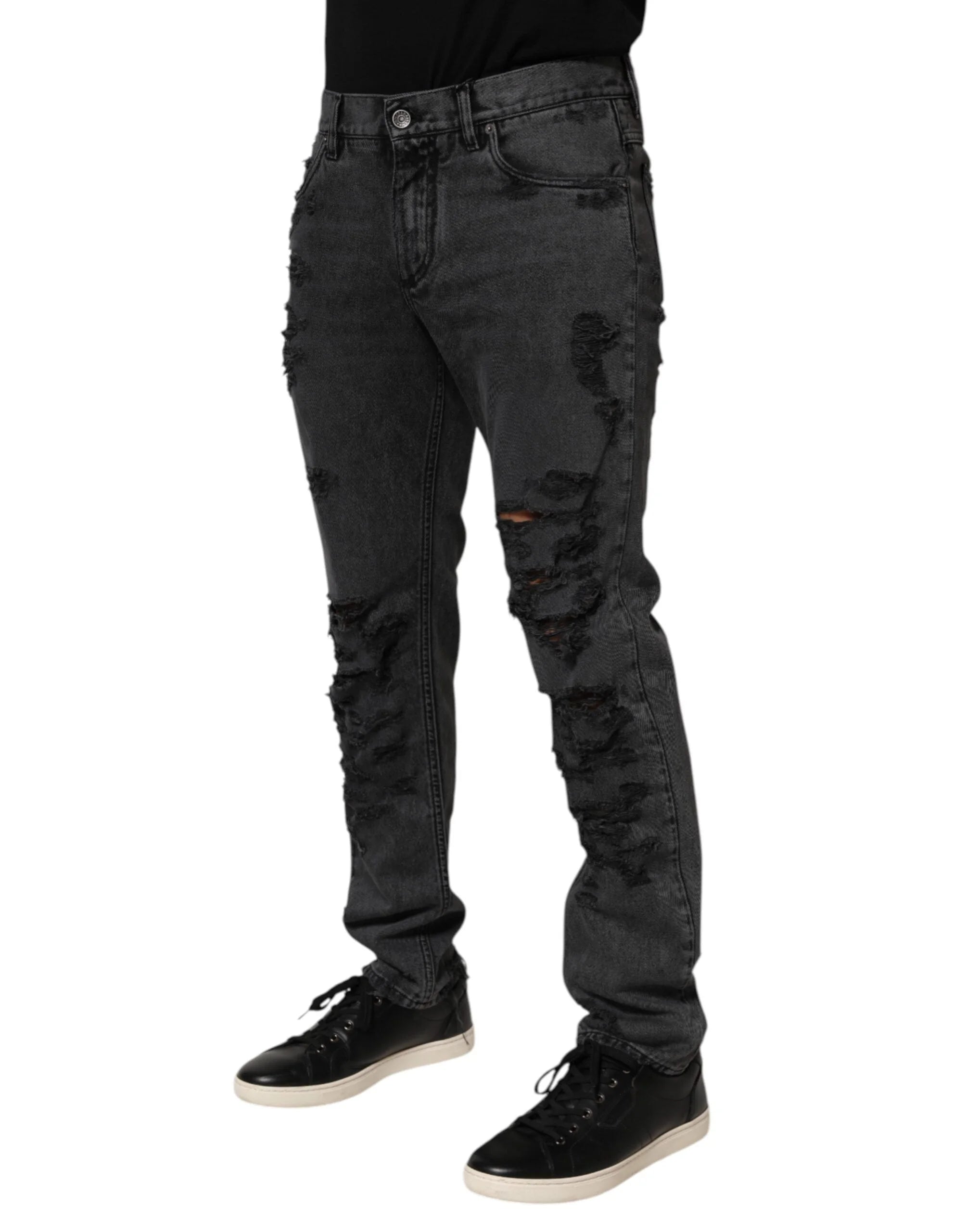Dolce & Gabbana Black Tattered Skinny Cotton Men Denim Jeans - IT48 | M - Jeans