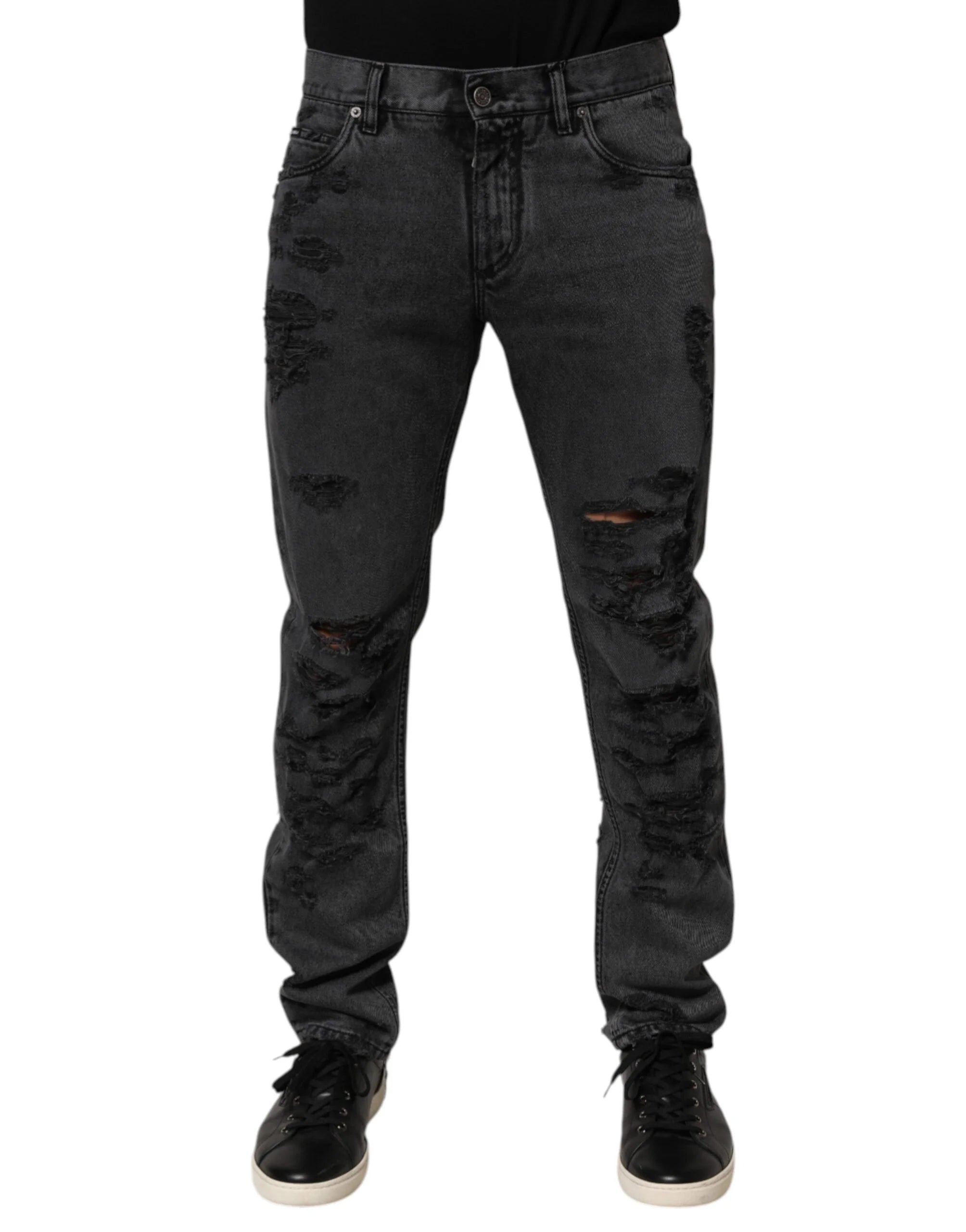Dolce & Gabbana Black Tattered Skinny Cotton Men Denim Jeans - IT48 | M - Jeans