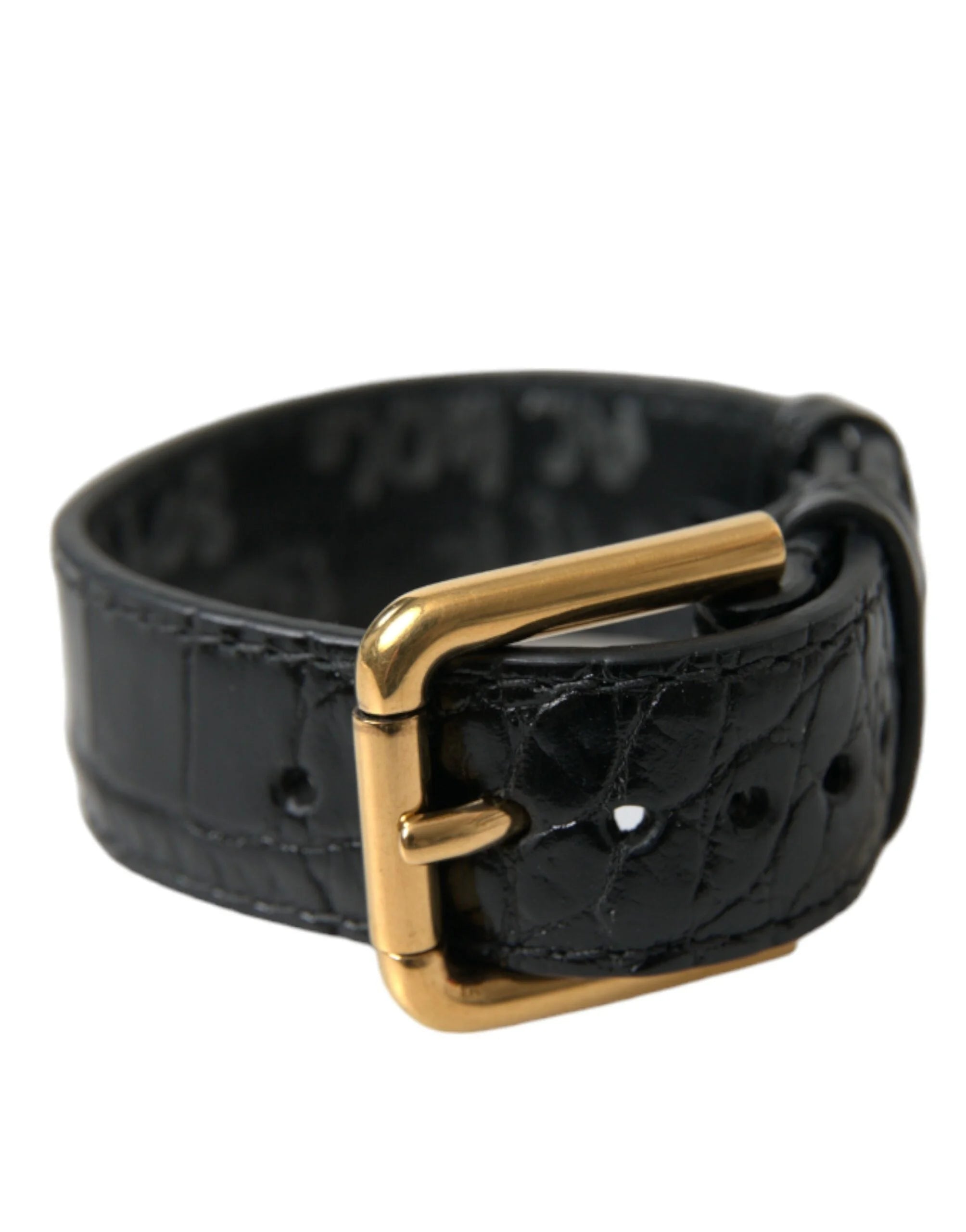 Dolce & Gabbana Black Textured Leather Gold Tone Metal Buckle Armband - Bracelets