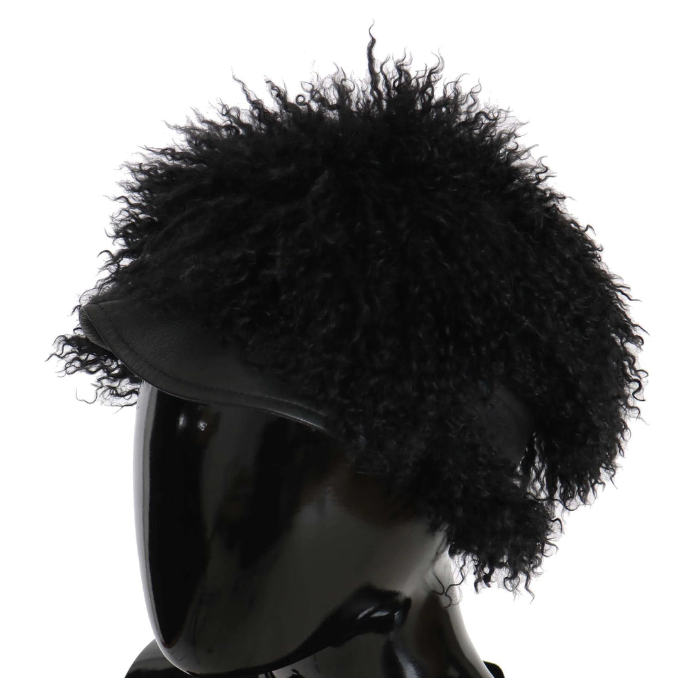 Dolce & Gabbana Black Tibet Lamb Fur Leather Gatsby Hat - 56 cm|XS