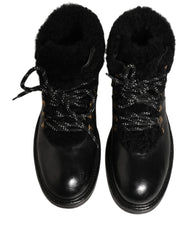 Dolce & Gabbana Black Trekking Fur Lace Leather Boots Shoes