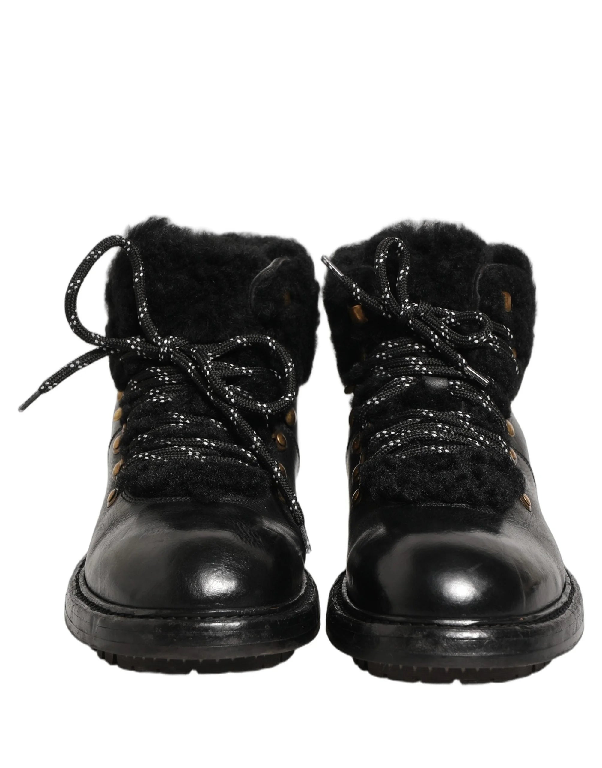 Dolce & Gabbana Black Trekking Fur Lace Leather Boots Shoes