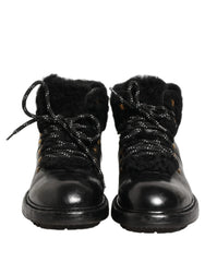 Dolce & Gabbana Black Trekking Fur Lace Leather Boots Shoes