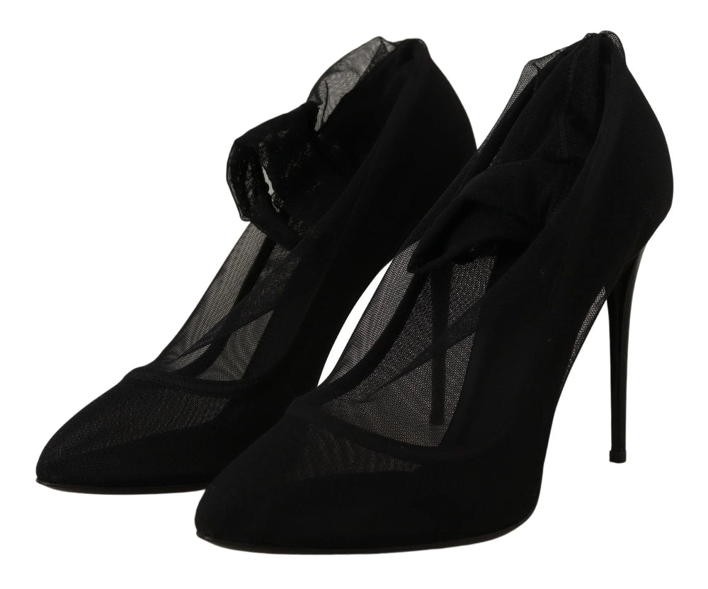 Dolce & Gabbana fekete hálós cipellők, hegyes orrú, magas stiletto sarokkal, elülső nézet.