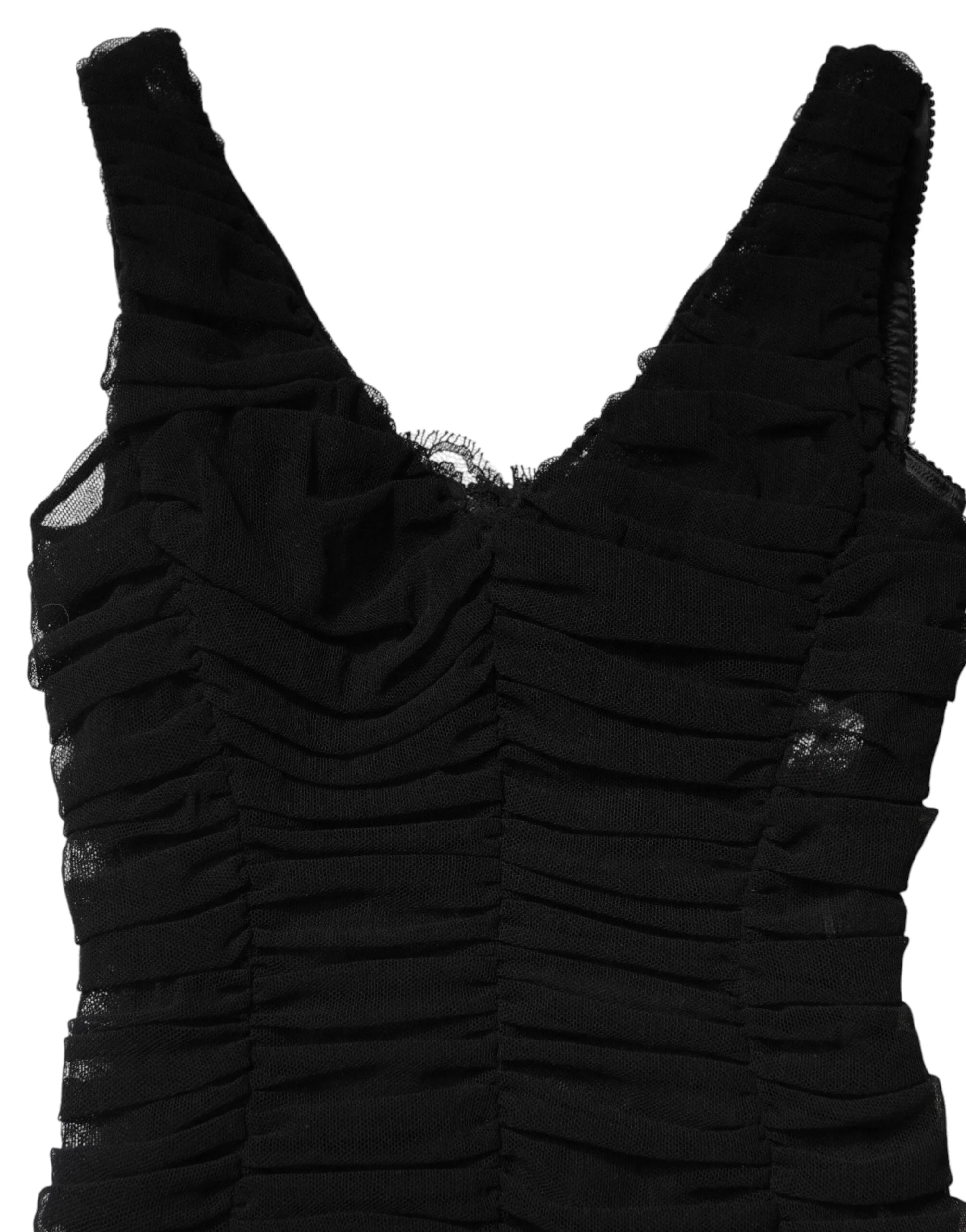 Dolce & Gabbana Black V-Neck Ruched Lace Hem Midi Dress - IT44 | L