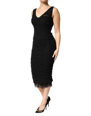 Dolce & Gabbana Black V-Neck Ruched Lace Hem Midi Dress - IT44 | L