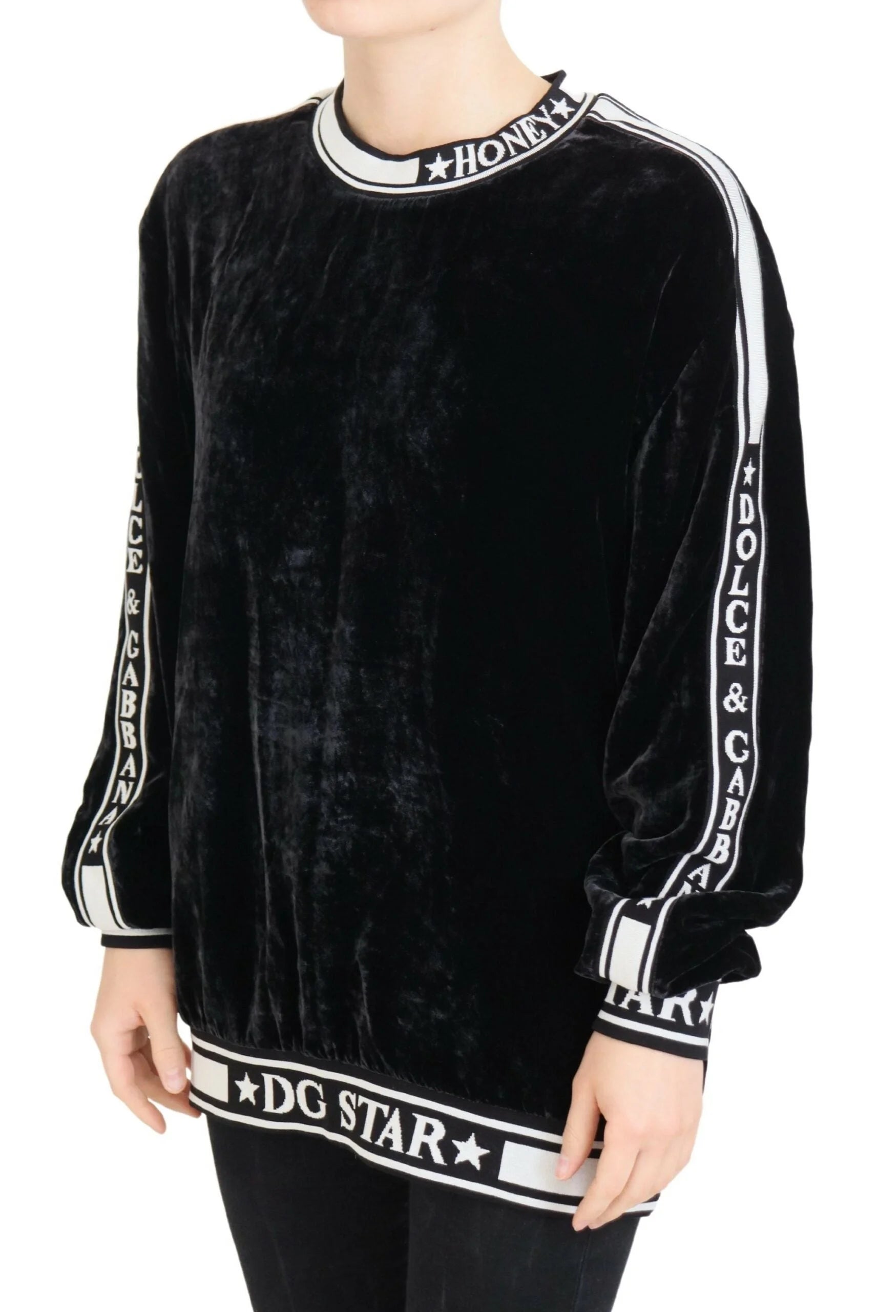 Dolce & Gabbana Black Velvet Crewneck Pullover Sweater - Sweaters