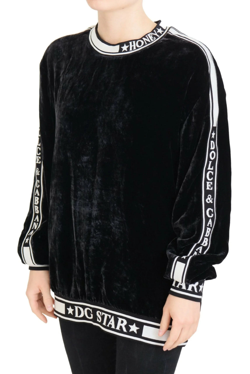 Dolce & Gabbana Black Velvet Crewneck Pullover Sweater - Sweaters