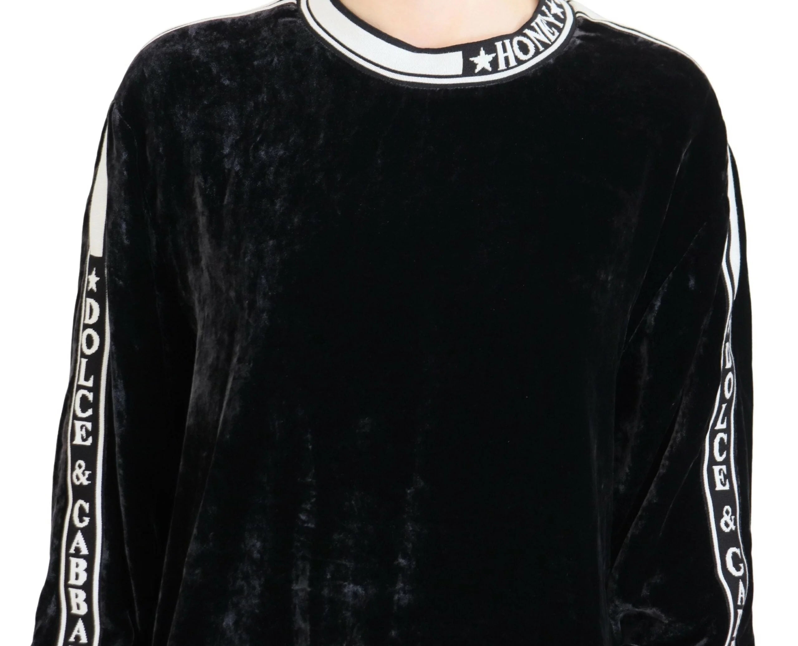 Dolce & Gabbana Black Velvet Crewneck Pullover Sweater - Sweaters