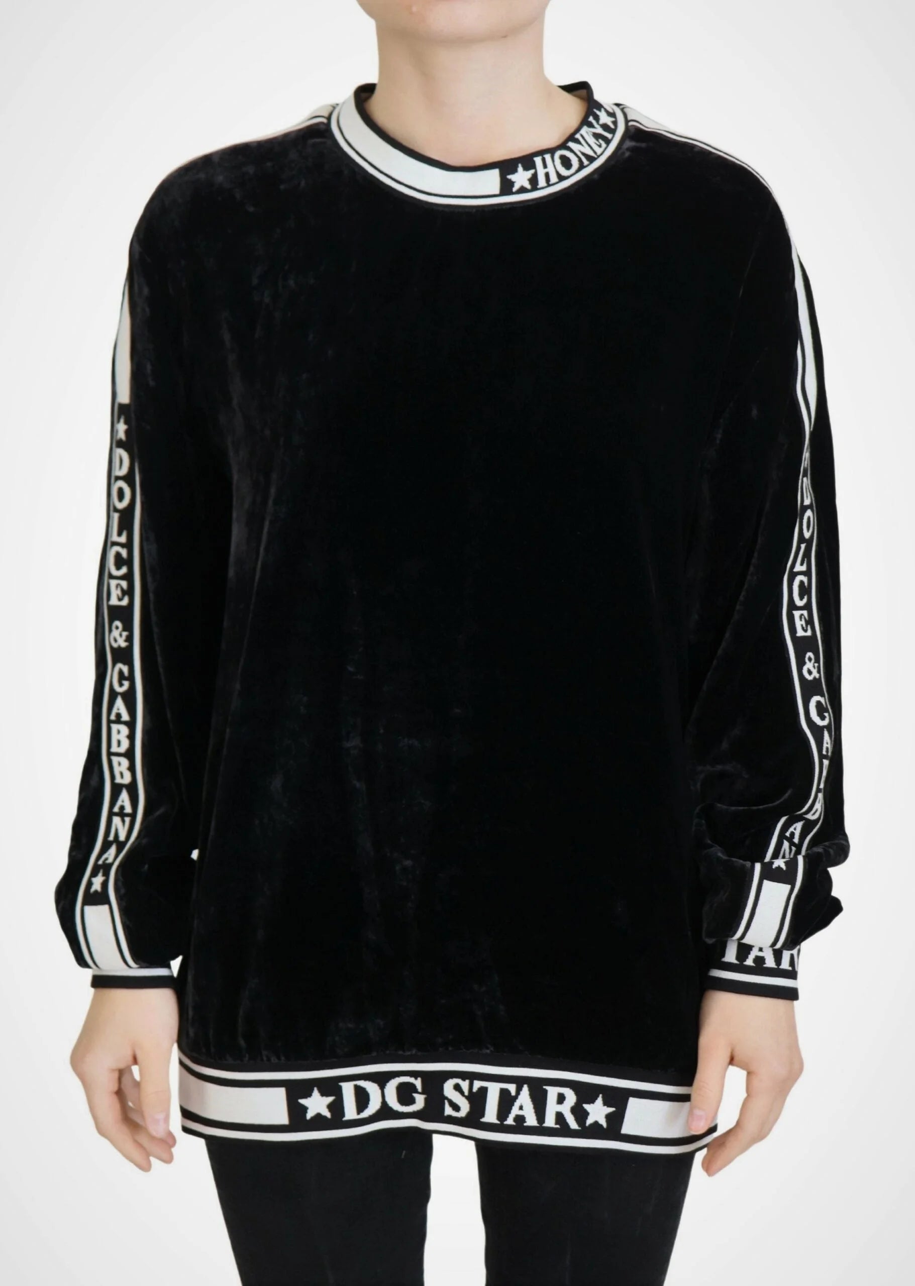 Dolce & Gabbana Black Velvet Crewneck Pullover Sweater - Sweaters
