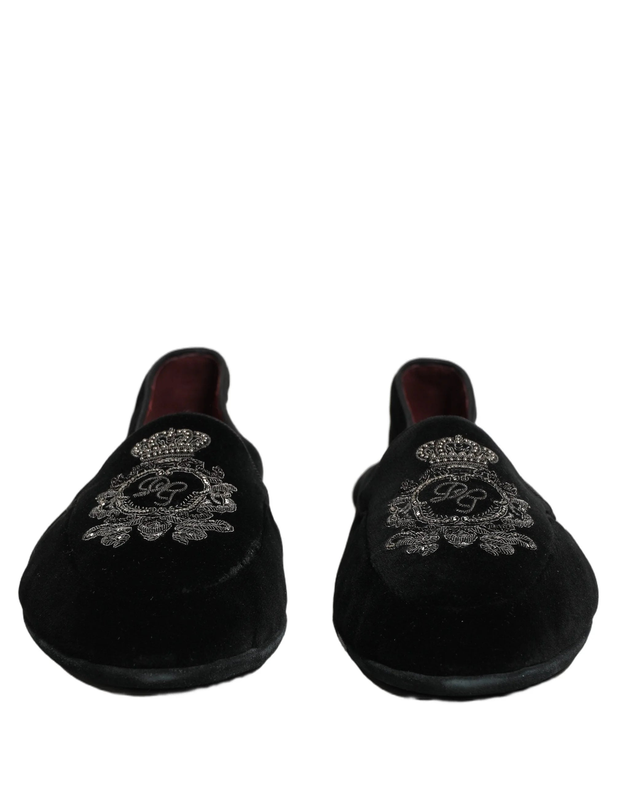 Dolce & Gabbana Black Velvet Crown Embroidery Loafers Shoes - EU44/US11