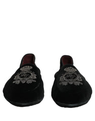Dolce & Gabbana Black Velvet Crown Embroidery Loafers Shoes - EU44/US11