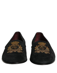 Dolce & Gabbana Black Velvet Crown Embroidery Loafers Shoes - EU44/US11