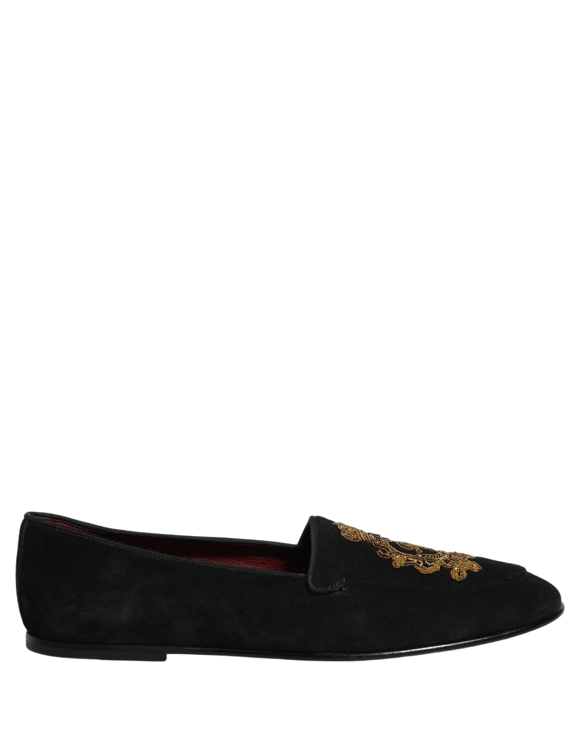 Dolce & Gabbana Black Velvet Crown Embroidery Loafers Shoes - EU44/US11