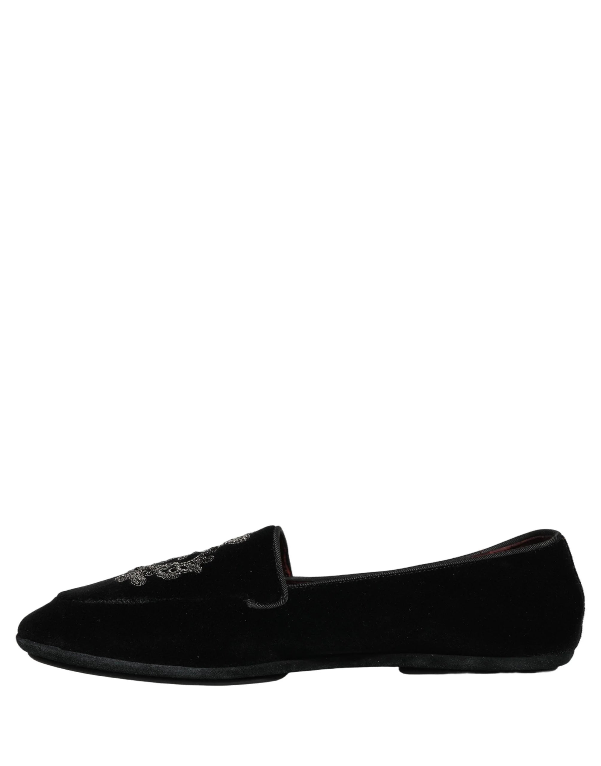 Dolce & Gabbana Black Velvet Crown Embroidery Loafers Shoes - EU44/US11