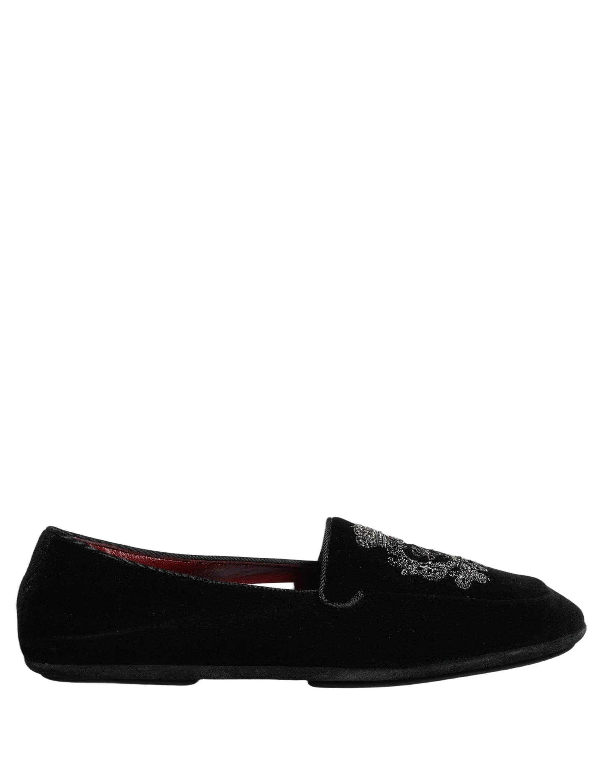 Dolce & Gabbana Black Velvet Crown Embroidery Loafers Shoes - EU44/US11