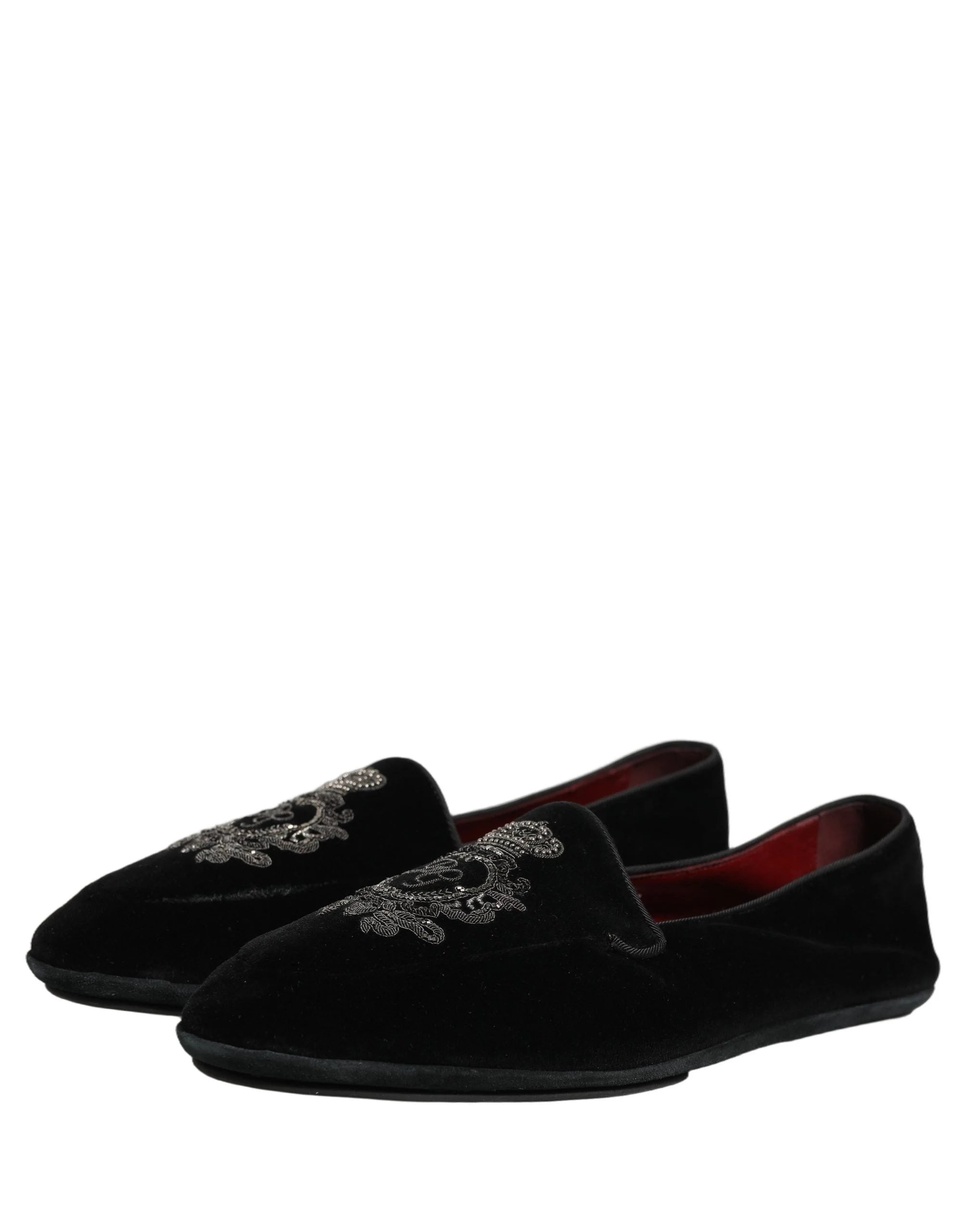 Dolce & Gabbana Black Velvet Crown Embroidery Loafers Shoes - EU44/US11