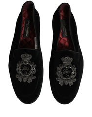 Dolce & Gabbana Black Velvet Crown Embroidery Loafers Shoes - EU44/US11