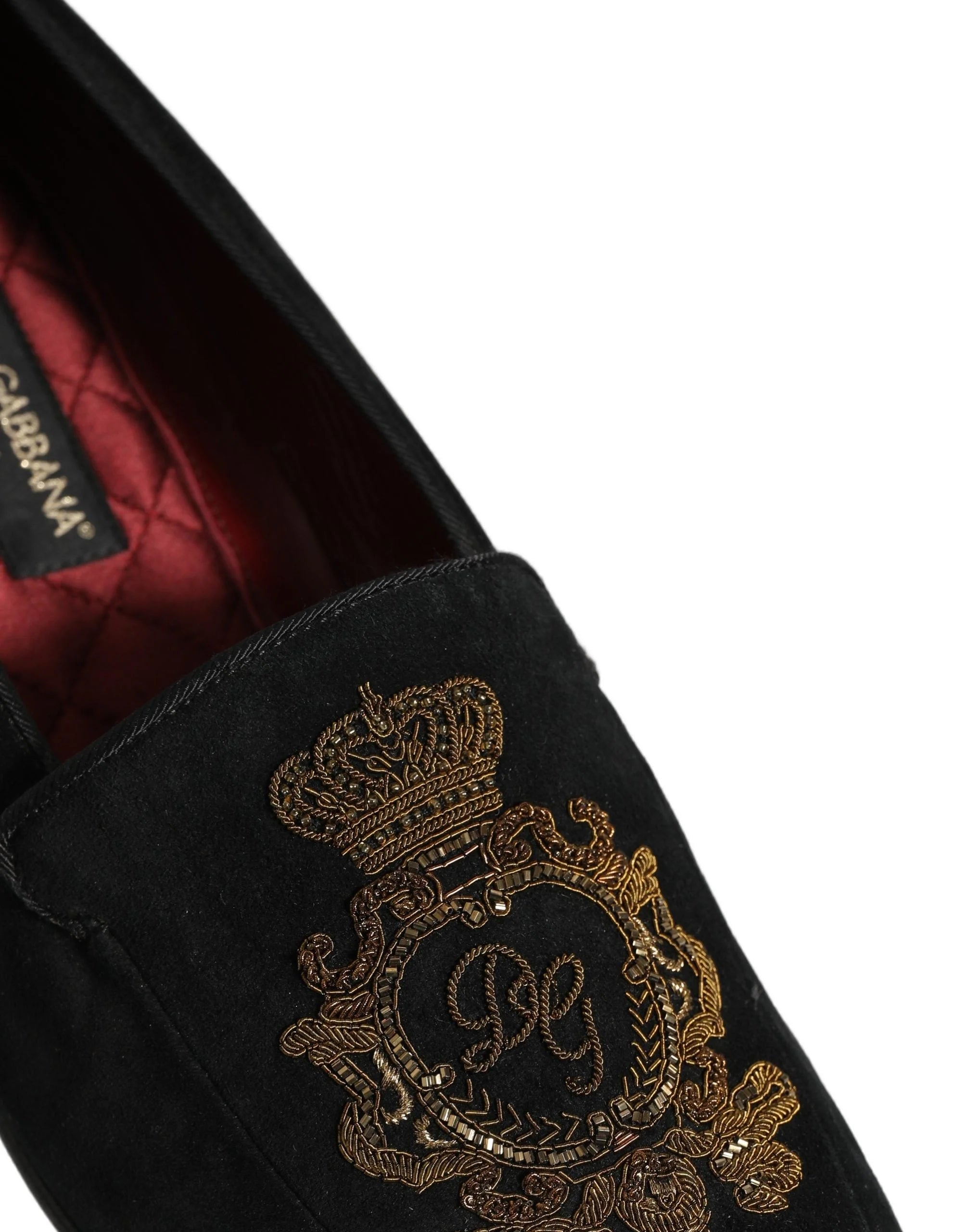 Dolce & Gabbana Black Velvet Crown Embroidery Loafers Shoes - EU44/US11