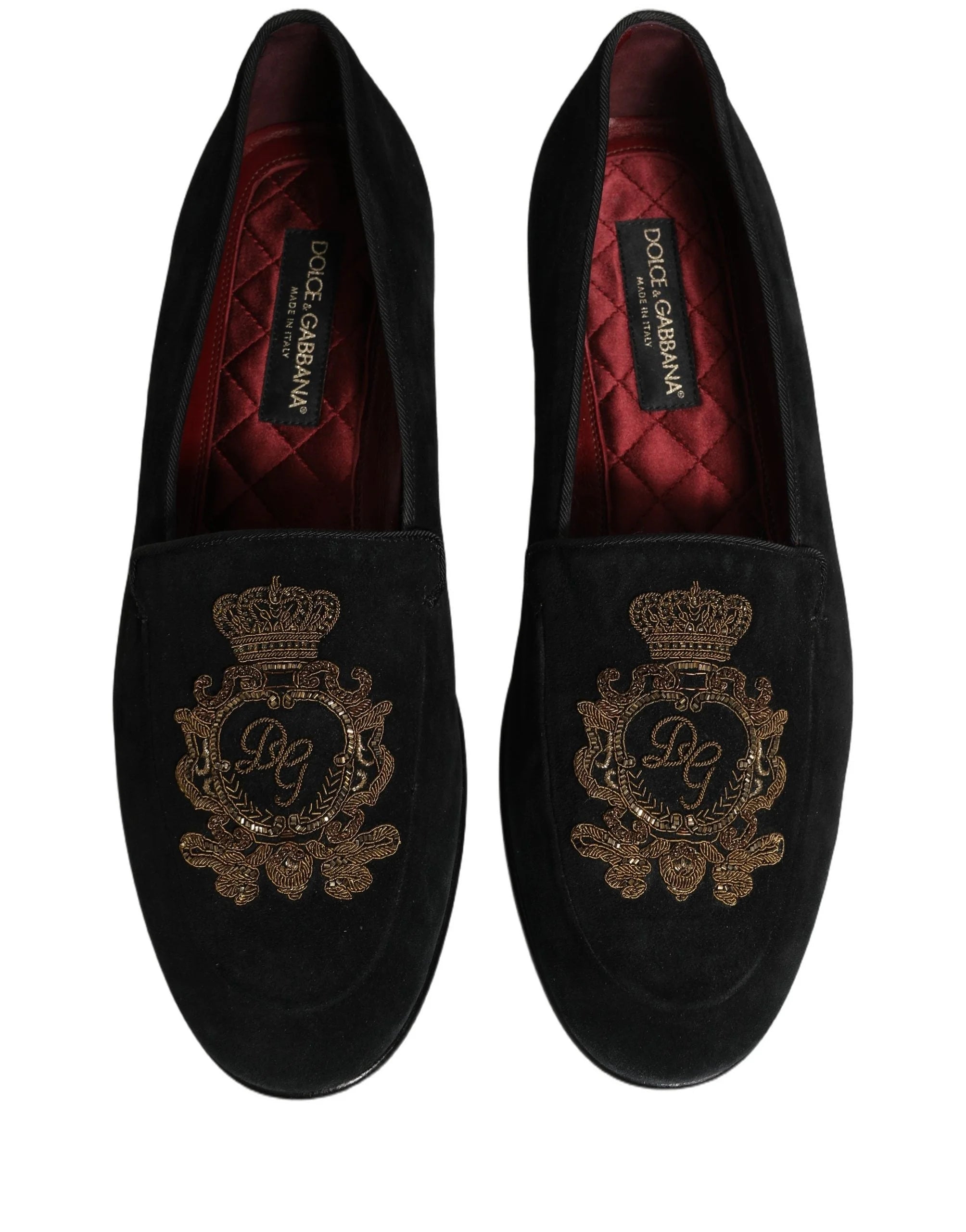 Dolce & Gabbana Black Velvet Crown Embroidery Loafers Shoes - EU44/US11