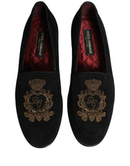 Dolce & Gabbana Black Velvet Crown Embroidery Loafers Shoes - EU44/US11