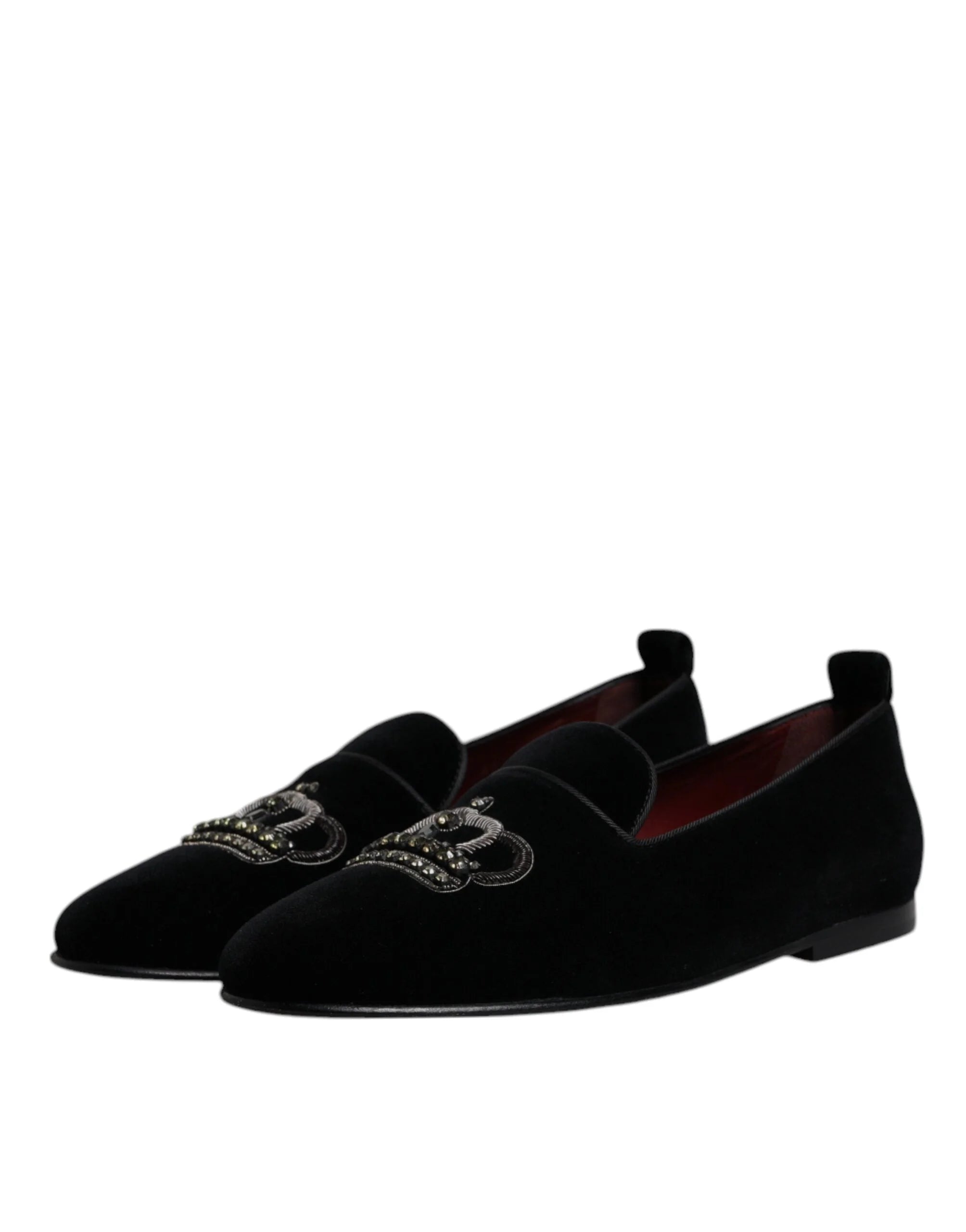 Dolce & Gabbana Black Velvet Crystal Crown Loafers Formal Dress Shoes - Flats