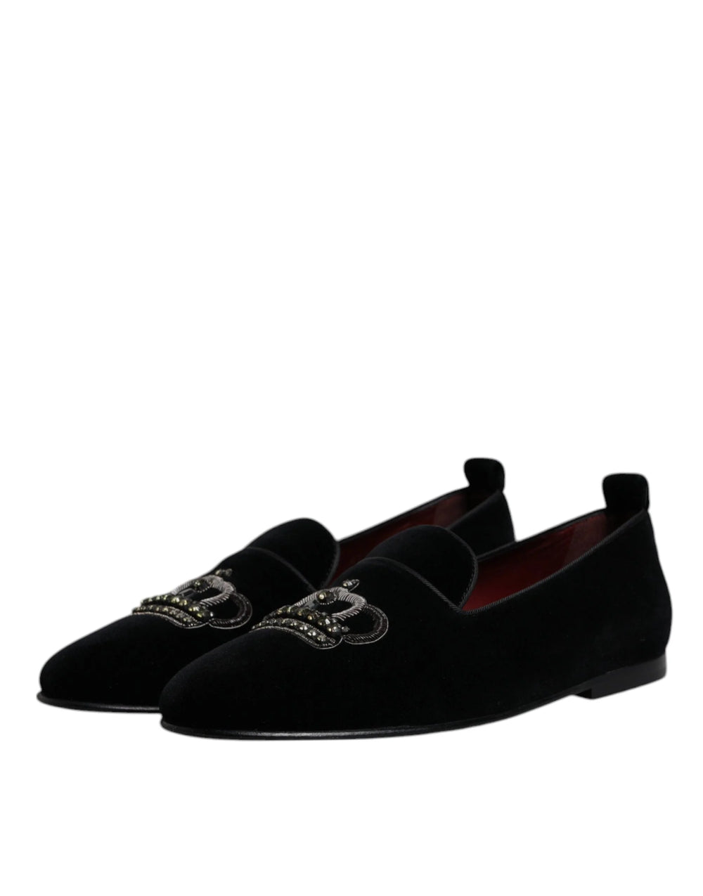 Dolce & Gabbana Black Velvet Crystal Crown Loafers Formal Dress Shoes - Flats