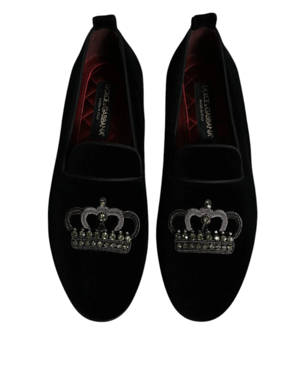 Dolce & Gabbana Black Velvet Crystal Crown Loafers Formal Dress Shoes - Flats