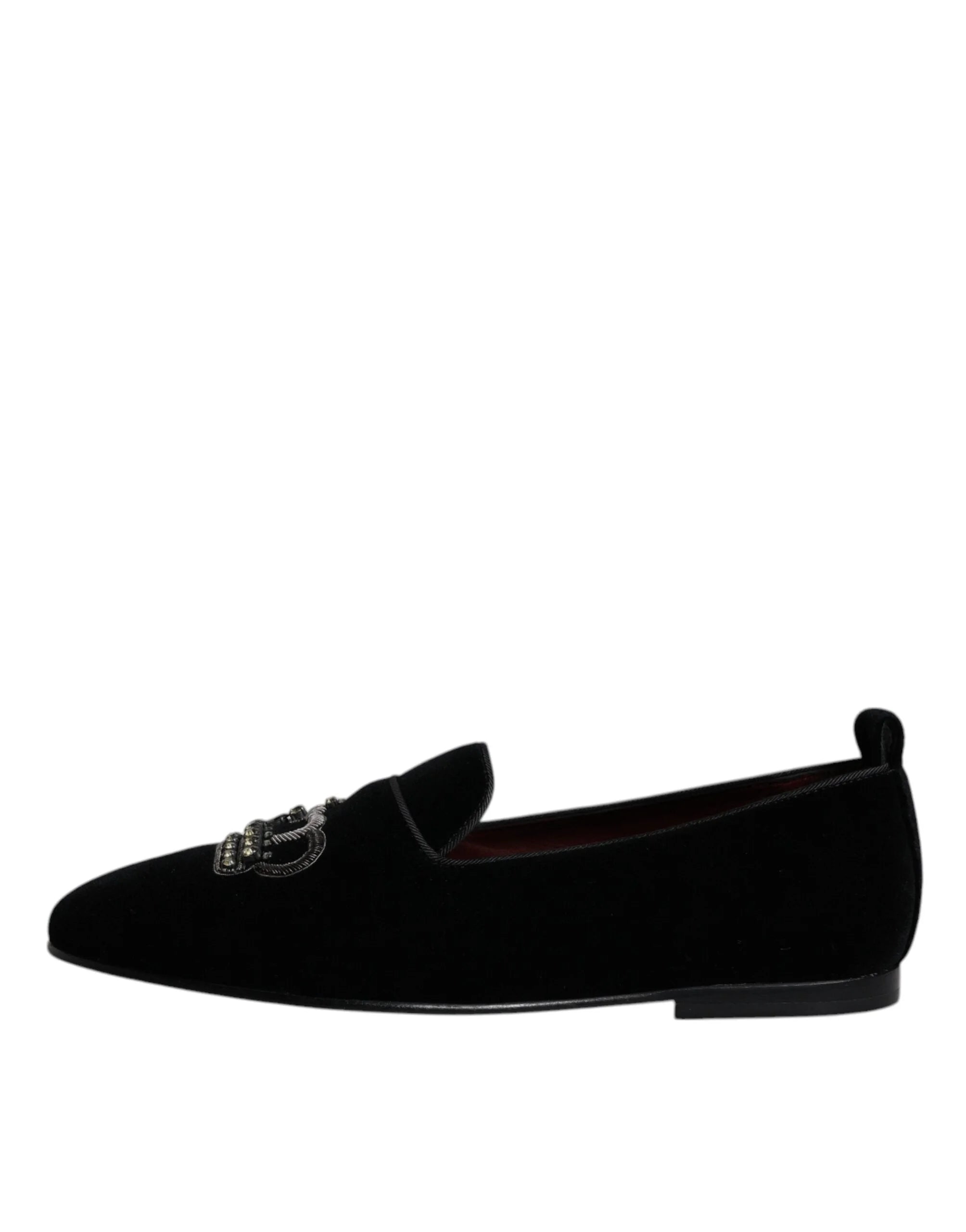 Dolce & Gabbana Black Velvet Crystal Crown Loafers Formal Dress Shoes - Flats