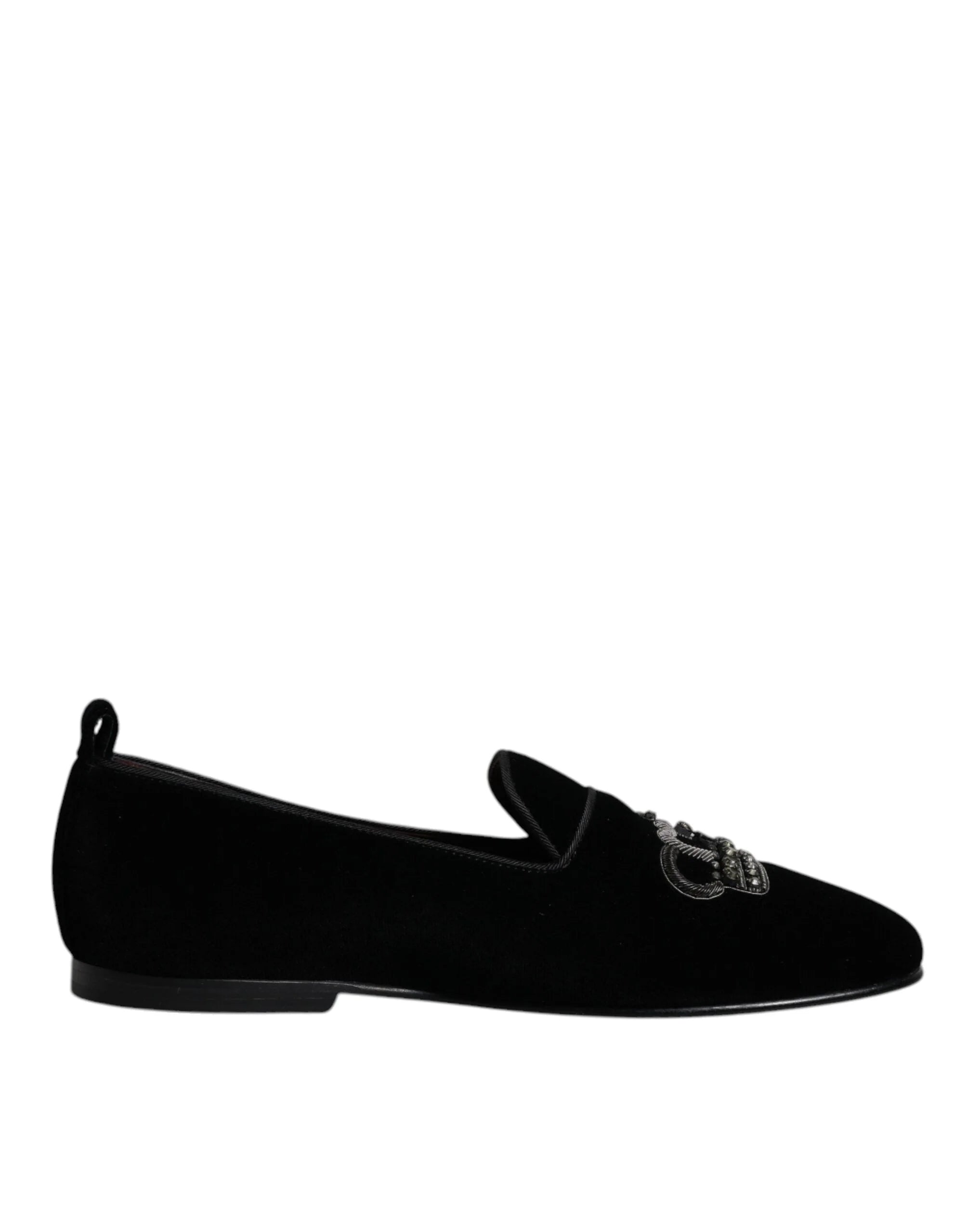 Dolce & Gabbana Black Velvet Crystal Crown Loafers Formal Dress Shoes - Flats