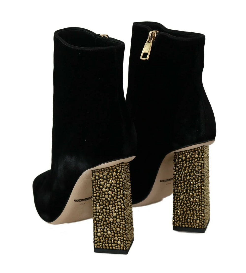 Dolce & Gabbana Black Velvet Crystal Square Heels Shoes - EU40/US9.5