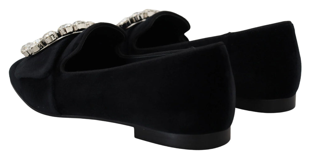 Dolce & Gabbana Black Velvet Crystals Loafers Flats Shoes - Flats