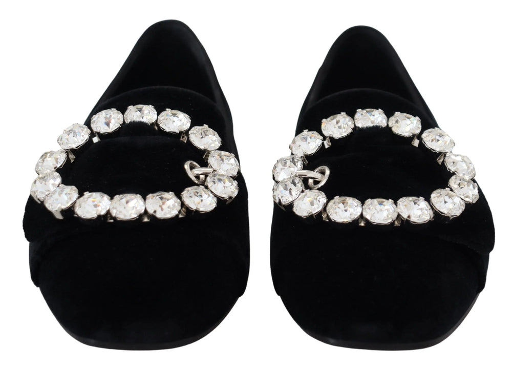 Dolce & Gabbana Black Velvet Crystals Loafers Flats Shoes - Flats