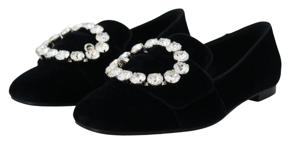 Dolce & Gabbana Black Velvet Crystals Loafers Flats Shoes - Flats