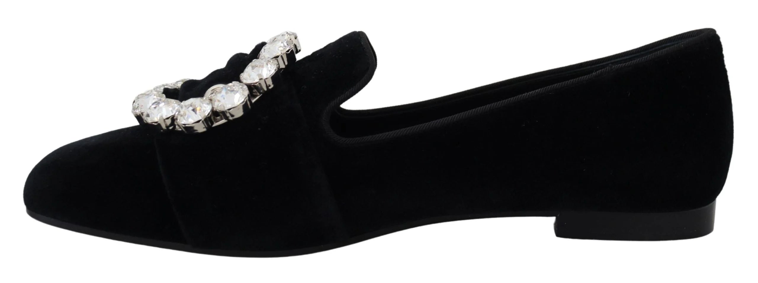Dolce & Gabbana Black Velvet Crystals Loafers Flats Shoes - Flats