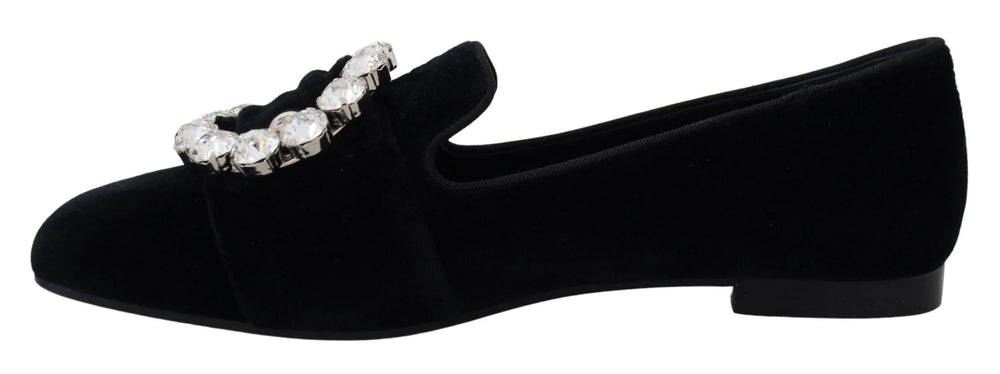 Dolce & Gabbana Black Velvet Crystals Loafers Flats Shoes - Flats
