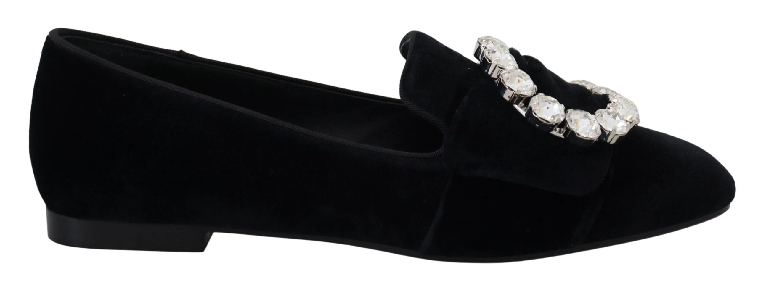 Dolce & Gabbana Black Velvet Crystals Loafers Flats Shoes - Flats