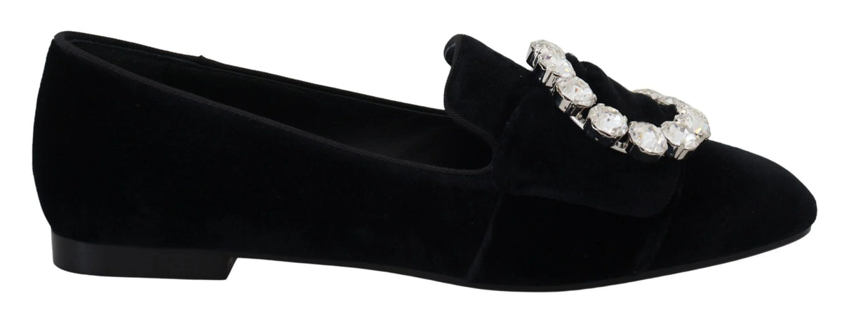 Dolce & Gabbana Black Velvet Crystals Loafers Flats Shoes - Flats