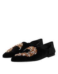 Dolce & Gabbana Black Velvet Embellished Loafer Slip On Shoes - EU43/US10