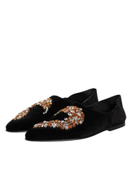 Dolce & Gabbana Black Velvet Embellished Loafer Slip On Shoes - EU43/US10 - Flats