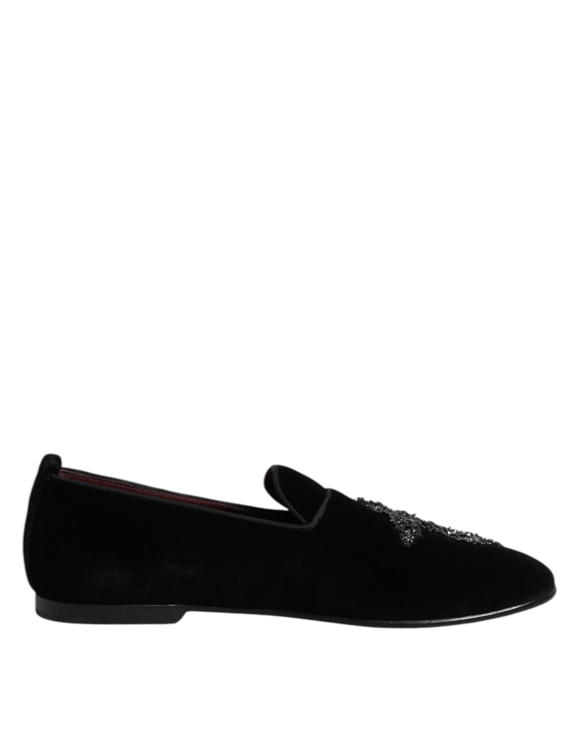 Dolce & Gabbana Black Velvet Embellished Loafer Slip On Shoes - EU43/US10 - Flats